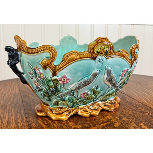 Antique French Onnaing Majolica Cache Pot Planter Bowl Jardiniere Love Birds For Sale - Image 10 of 18