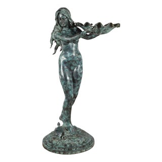 1960s Bronze Sea Nymph Fountain with Large Shell and Turtle in Verdigris Patina For Sale