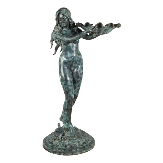 1960s Bronze Sea Nymph Fountain with Large Shell and Turtle in Verdigris Patina For Sale