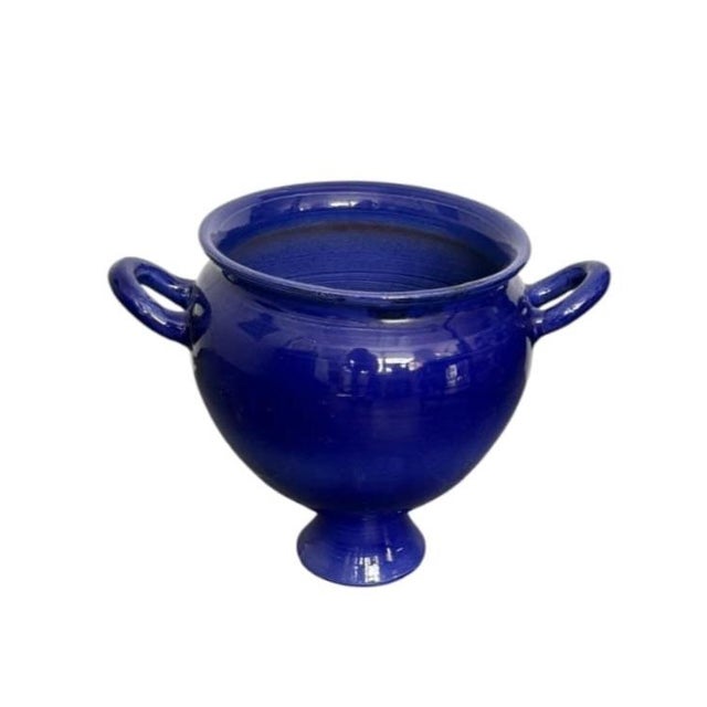 2000 - 2009 Vintage Cobalt Blue Glazed Glazed Ceramic Urn-Form Vase With Loop Handles For Sale - Image 5 of 12