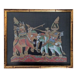 Vintage Chinoiserie Warriors on Elephants Silk Screen Painting Framed For Sale