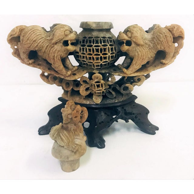 Mid 20th Century Vintage Carved Chinese Soapstone Incense Burner With Three Foo Dogs For Sale - Image 5 of 13