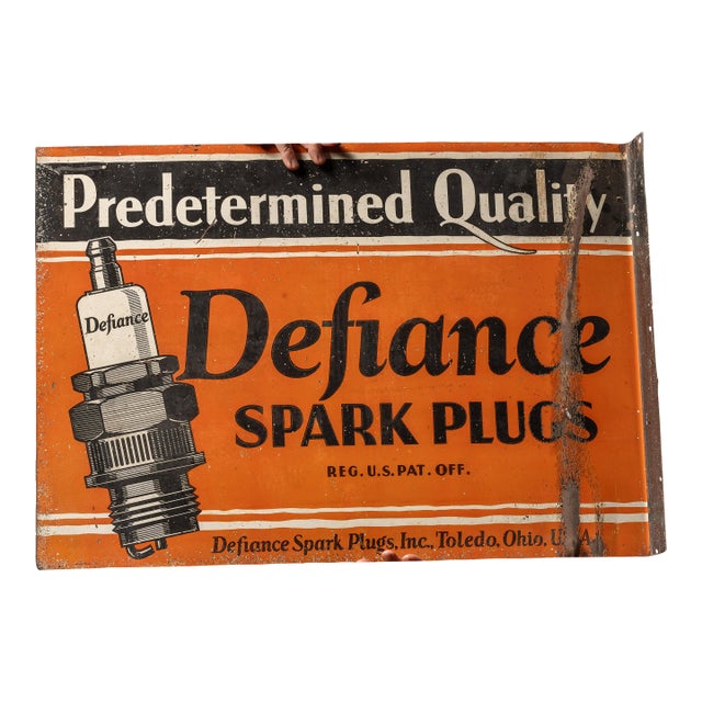 Defiance Spark Plugs Double-Sided Flanged Sign For Sale