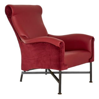 Italian Mid-Century Vinyl and Velvet Lounge Chair With Iron X-Base For Sale