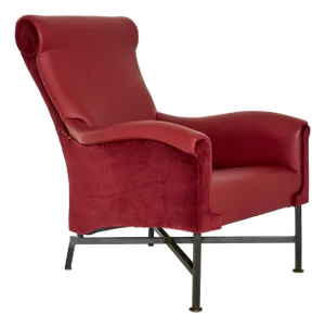Italian Mid-Century Vinyl and Velvet Lounge Chair With Iron X-Base