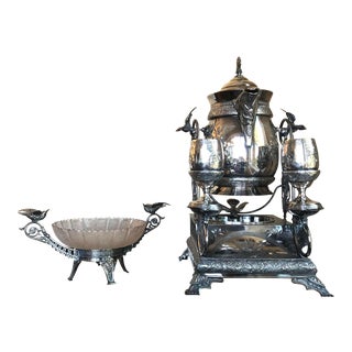 Late 19th Century Victorian Meridian Silver-Plate Tilting Water Pitcher With Cups and Bowl - 5 Pieces For Sale