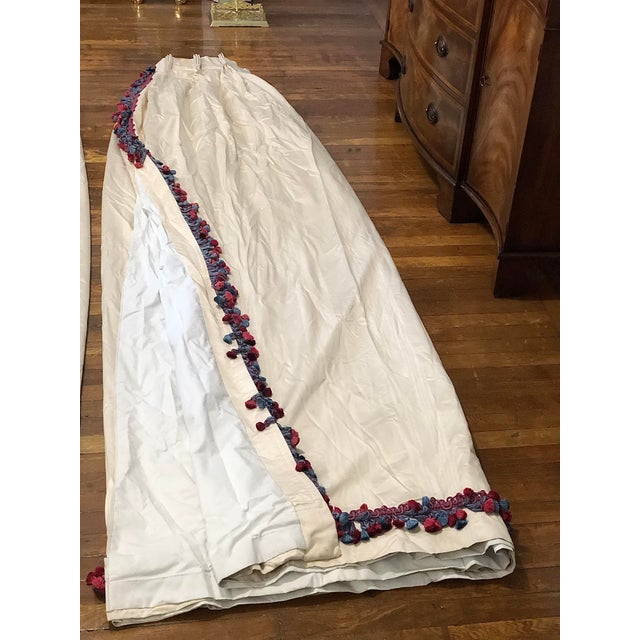 Pair of Custom French Pleat Ivory Drapes With Blue and Pinkish Red Samuel & Sons Trim For Sale In New York - Image 6 of 10