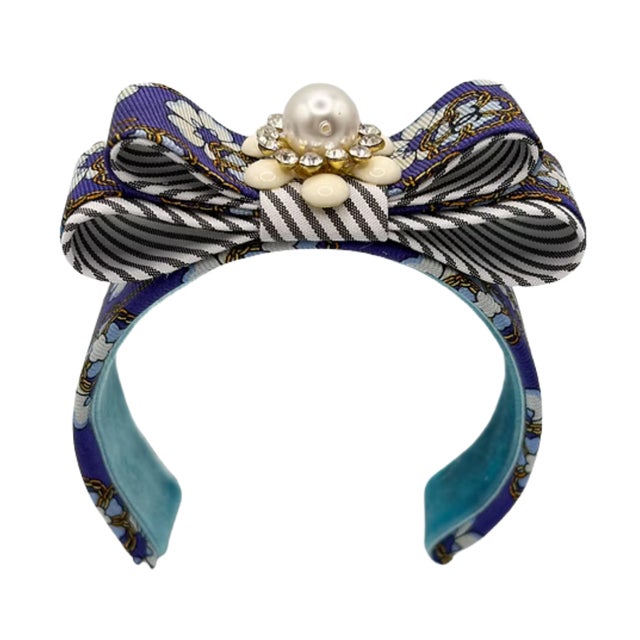French Chanel CC Camellia Vintage Silk Necktie Cuff Bracelet For Sale - Image 3 of 4