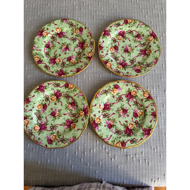 English Royal Albert China Old Country Roses Ruby Celebration Green Chintz - Set of 4 For Sale - Image 3 of 3