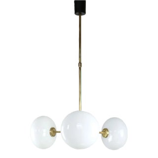 Mid-Century Brass Opaline Glass Chandelier For Sale