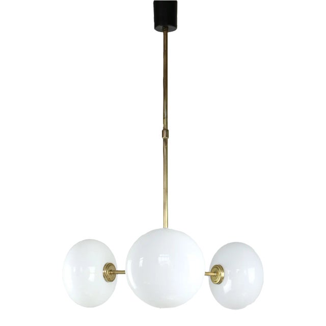 Mid-Century Brass Opaline Glass Chandelier For Sale