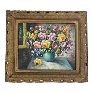 Stil Llife Floral Oil Painting Gesso Gilt Gold Frame For Sale