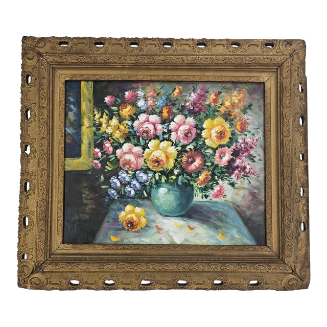 Stil Llife Floral Oil Painting Gesso Gilt Gold Frame For Sale