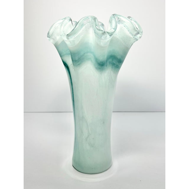 Murano Contemporary Murano-Style Italian Sea Green Blue Ruffled Swirl Tall Vase For Sale - Image 4 of 8
