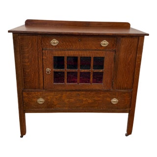 Antique Arts & Crafts Oak Cabinet With Leaded Glass Door & Velvet Interior For Sale