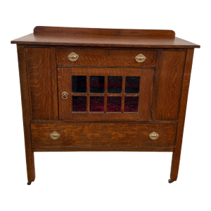 Antique Arts & Crafts Oak Cabinet With Leaded Glass Door & Velvet Interior