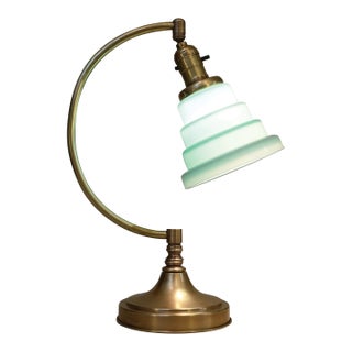 Art Deco Streamline Brass Vianne Celedon Green Art Glass Table Lamp 1930s Markel For Sale
