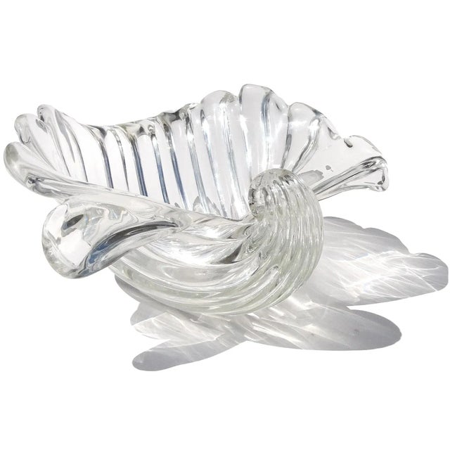 Cartier Signed Murano Seguso Vintage Crystal Clear Ribbed Surface Italian Art Glass Seashell Shell Bowl For Sale - Image 9 of 11