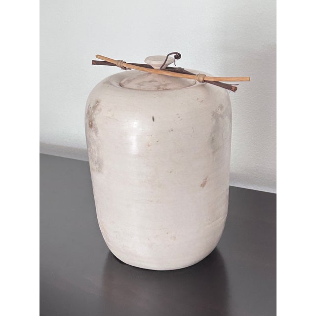 Vintage Organic Modern David Smyth Lidded Raku Vessel with Twig Detail – 9.5” Tall Description: An exceptional late-20th-...