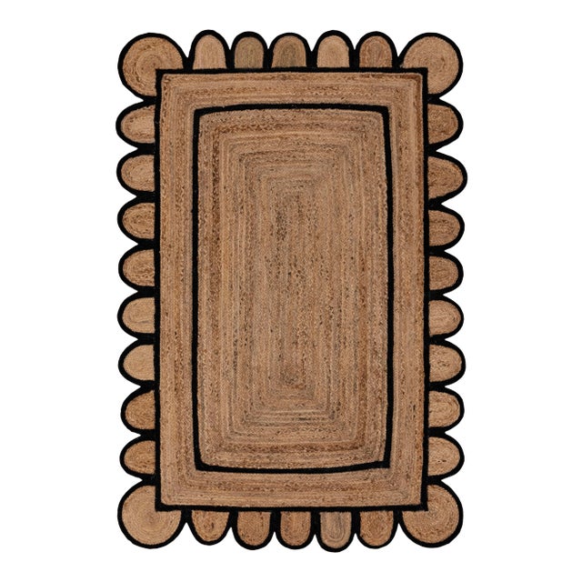 2'x4' Black Trim Jute Scallop Braided Handmade Rug For Sale