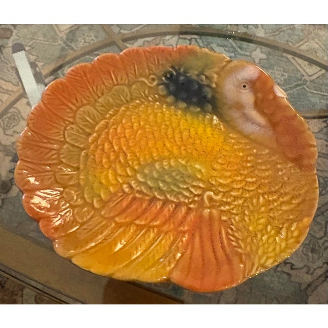 Rustic European Vintage Portugal Majolica Grape Leaf/Cabbage Leaf Serving Bowl or Charger Along With Creative Co Op Mini 5” Turkey Plate (6”) Thanksgiving Abundance For Sale - Image 3 of 5
