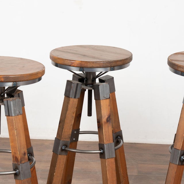 Brown Set of Four 20th Century Pine and Metal Industrial Barstools For Sale - Image 8 of 12