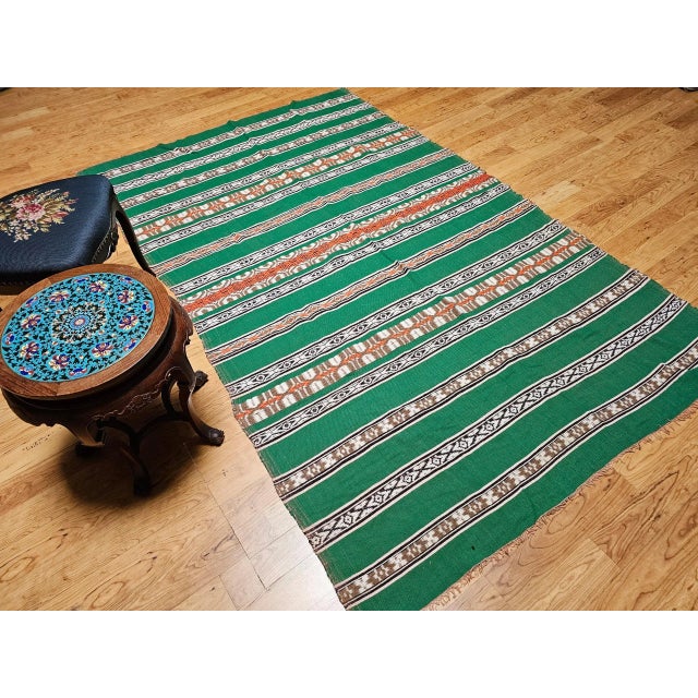 Vintage American Southwestern Blanket, Handwoven Stripe Pattern, Green & Ivory, 5’ X 8’ For Sale - Image 4 of 12