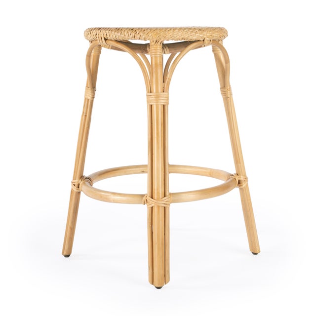 Beige Tobias 24 in. Seat Height Round Rattan Backless Counter Stool, Natural/ Natural Rattan Frame For Sale - Image 8 of 11