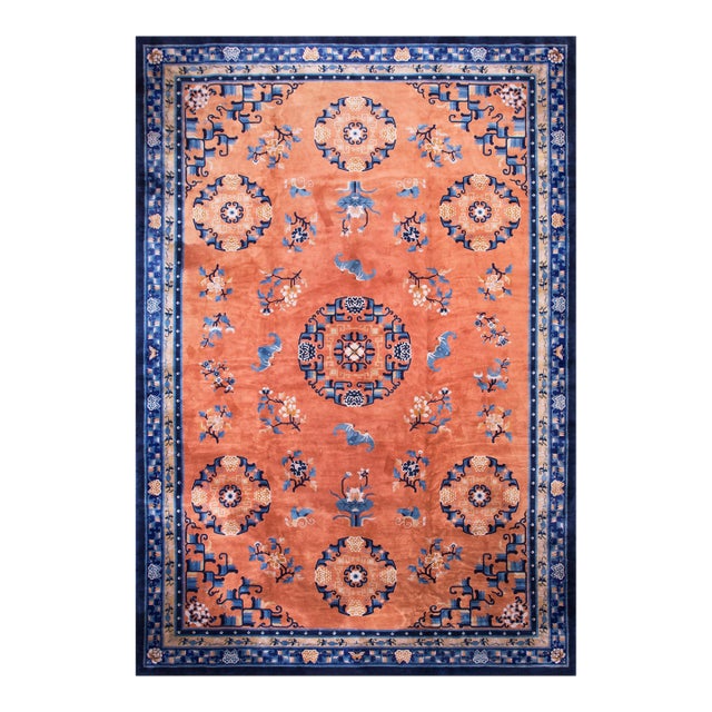 Lovely Salmon and Blue Color With Flower Design Vintage Chinese Peking Rug For Sale