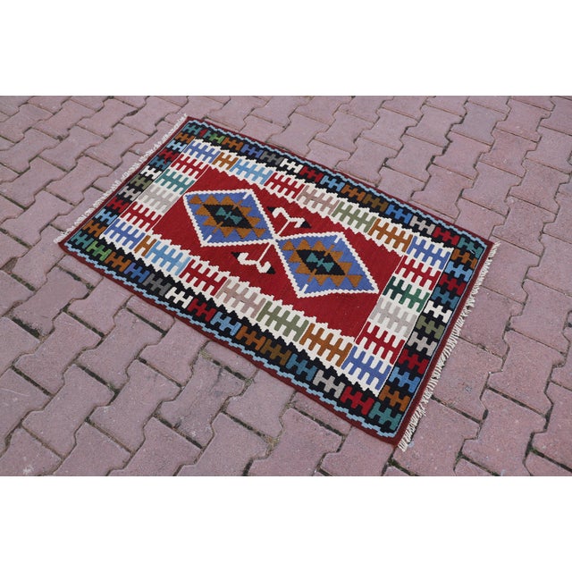 Modern 1970s Geometric Oushak Hand Knotted Luxury Wool Kilim Rug For Sale - Image 3 of 9