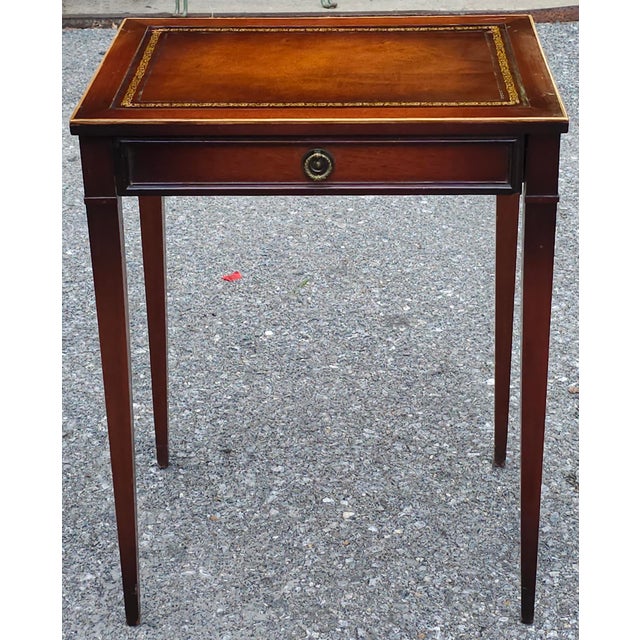 Gordon's Fine Furniture Genuine Mahogany and Leather Top Inset Single Drawer Side Table. Measures 17.75" in width, 13" in...