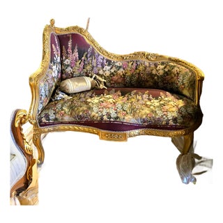 French Louis XV Loveseat Settee With Floral Garden Upholstery & Hand-Gilded Gold Leaf Frame For Sale