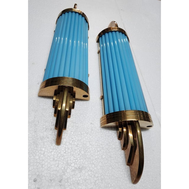Pair Vintage Art Deco Skyscraper Wall Sconces Fixture Brass & Blue Glass Rod Ship Light For Sale - Image 4 of 6