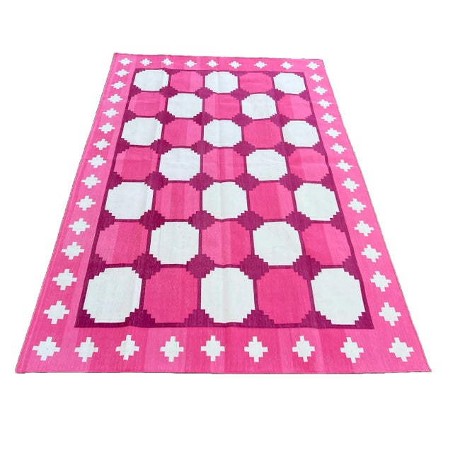 Handwoven Cotton Area Rug Vegetable Dyed Raspberry PInk and White Tile Patterned Gingham Dhurrie - 10'x14' For Sale - Image 9 of 10