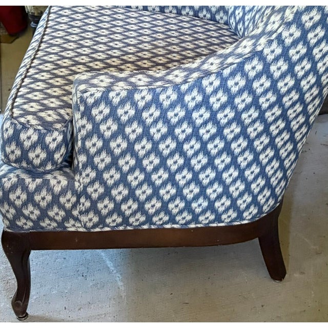 Mid Century Queen Anne Style Modified Wing Back Chair in Ikat Upholstery For Sale - Image 9 of 9
