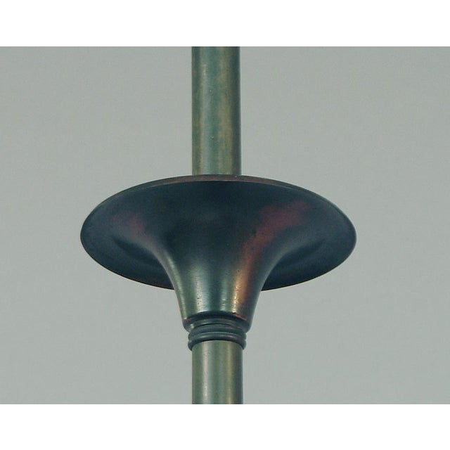 1910s American 3-Light “Japanned” Chandelier, Multicolored Muller Art Glass Shades Ca. 1910 For Sale - Image 5 of 7