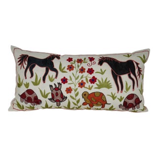 Suzani Pillow Cover, Horse & Turtle Design Cushion For Sale