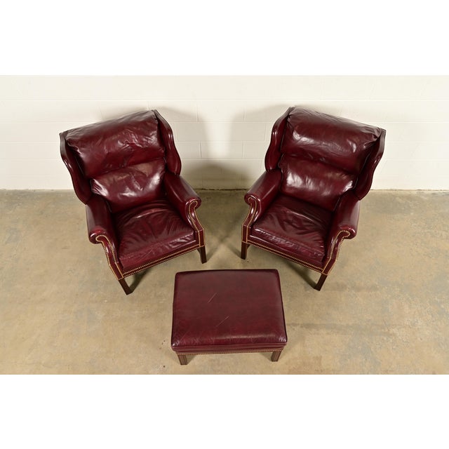 1980s Hancock & Moore Chippendale Wingback Leather Lounge Chairs With Ottoman For Sale - Image 5 of 15