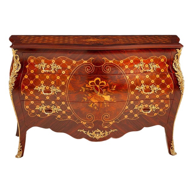 Italian Marquetry Bombay Chest With Brass Ormolu Mounts For Sale
