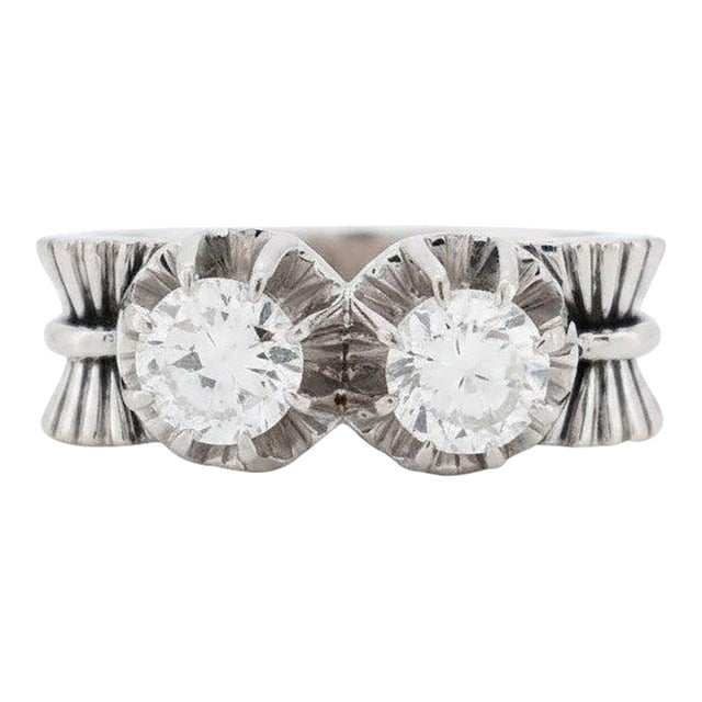 Late Art Deco Toi Et Moi Ribbon Diamonds Ring - 1945, Size 5.75 For Sale