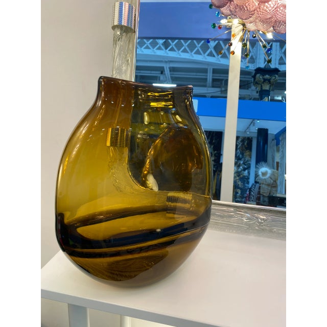 Amber Italian Artistic Amber/Fume Murano Glass Vases- a Pair For Sale - Image 8 of 9