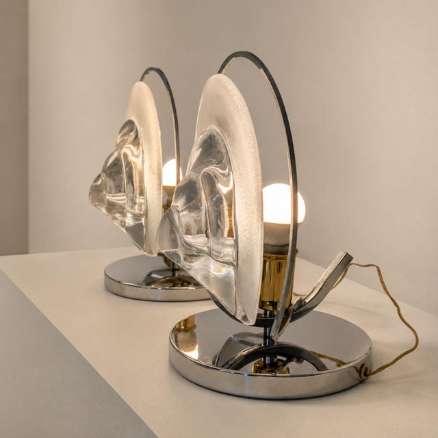 Mid-Century Modern 1970s Italian Mazzega Style Chrome and Murano Glass Table Lamps - Pair For Sale - Image 3 of 8