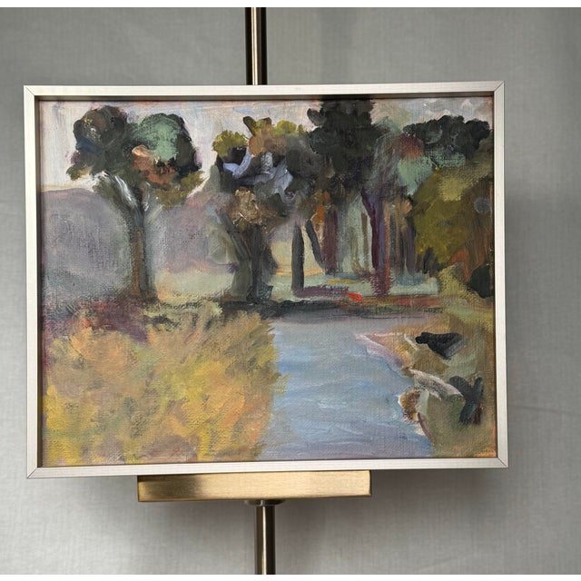 Mid-Century Modern Vintage Post Impressionist Modern Landscape Still Life Original Oil Framed Painting, Pistachio Green, Purple, Blue For Sale - Image 3 of 11