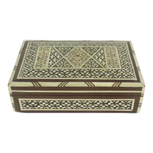 Early 20th Century Vintage Mother of Pearl and Bone Inlay Box Hinged Lid Wood Box