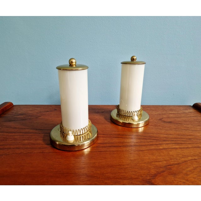 Mid-Century Modern Mid-Century Modern Bedside Lamps in Brass and Cream Opaline Glass, 1950, Set of 2 For Sale - Image 3 of 16