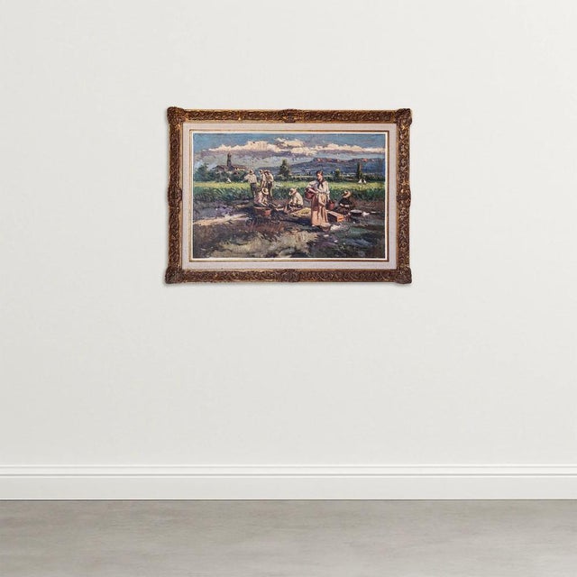 Framed oil on canvas of workers harvesting the crop. Artist name: signed (unidentified at present) approx date: second...