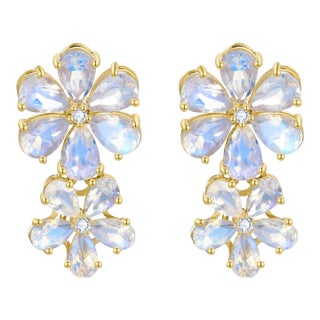 Nina Zhou Rainbow Moonstone Diamond Double Blossom Drop Earrings in 14k Yellow Gold - a Pair For Sale