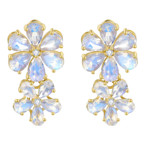 Nina Zhou Rainbow Moonstone Diamond Double Blossom Drop Earrings in 14k Yellow Gold - a Pair