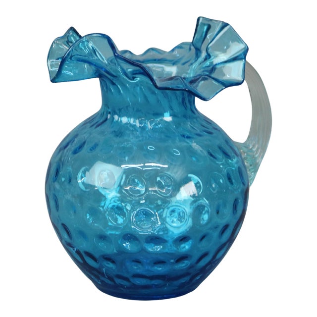 Antique Ariel Blue Coinspot Ruffle Top Glass Water Pitcher, Circa 1900 For Sale