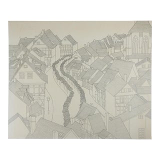 Vintage Cityscape Pen and Ink Drawing For Sale